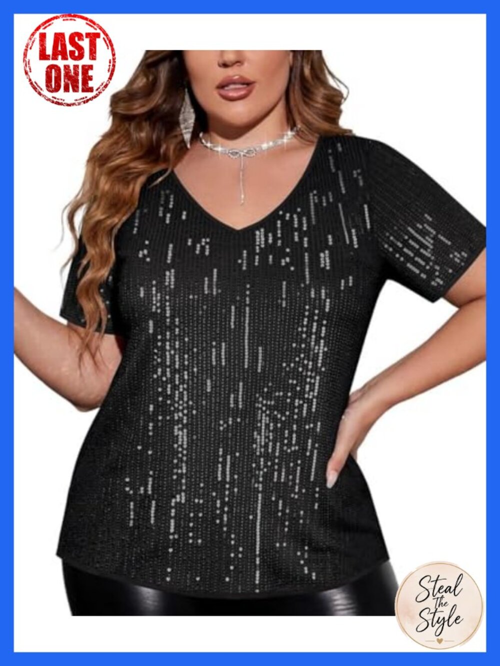 Plus Size Sequin Tunic Top Short Sleeve V-Neck Sparkly Party Shirt XL-5XL